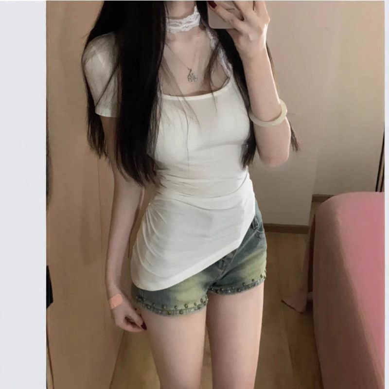 领纯欲短袖t恤修身肩上正挂脖性感u夏季不规则辣妹女蕾丝白色衣潮