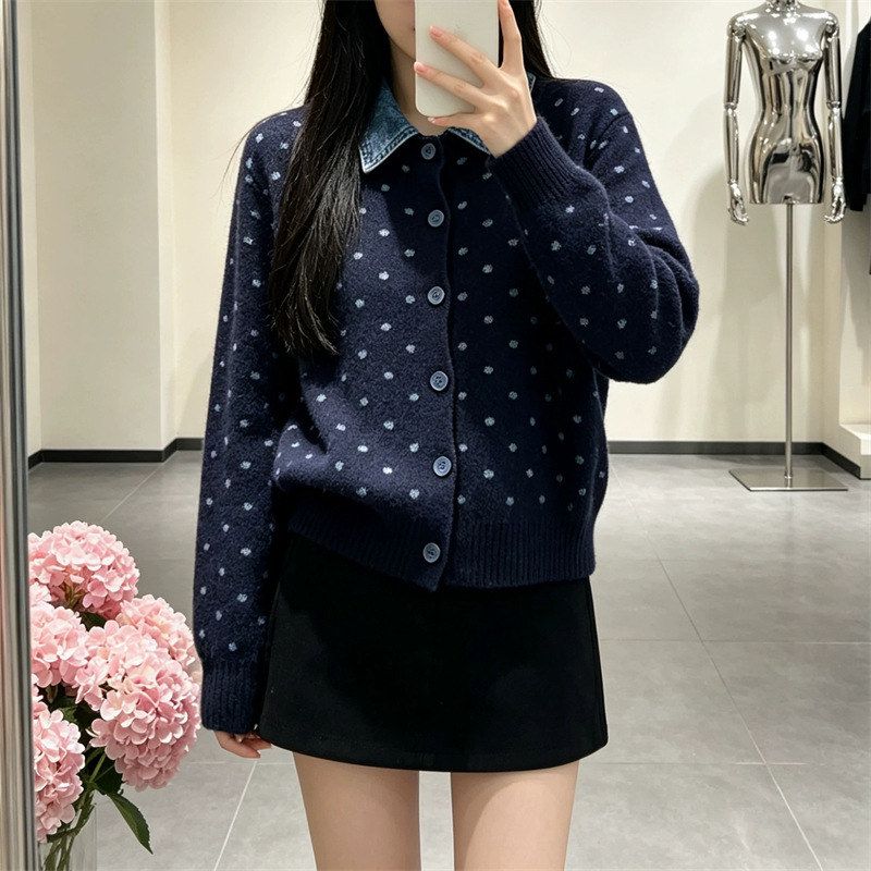 假两件新款LE减龄拼接毛衣外套KAP领针织法式秋冬女OLO波点开衫