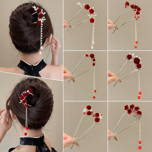 古风红玫瑰发簪女2026新款发钗新中式U型流苏簪子后脑勺盘发神器