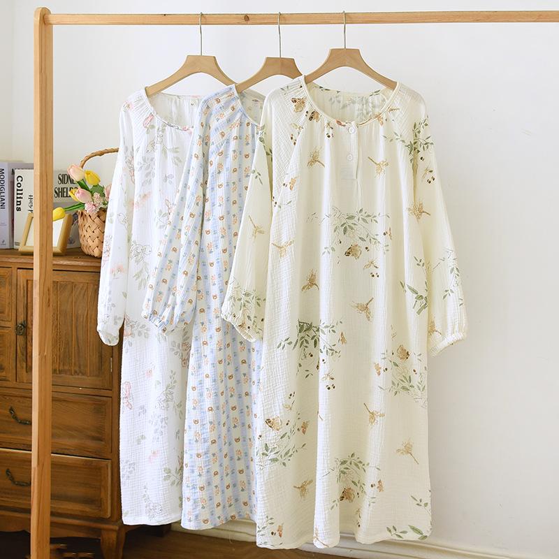 日本品质日系春秋季纯棉纱布睡裙女士夏季薄款全棉长袖中长款可外