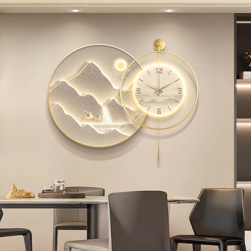 流水生财餐d厅装饰画轻奢高档带钟表饭厅餐桌挂画大气山水客厅壁