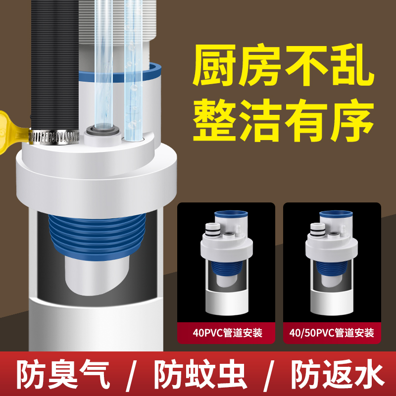 厨房下水管三头通集成防臭神器防返臭三通排水道接头多功能分水器 家装主材 下水器 原图主图