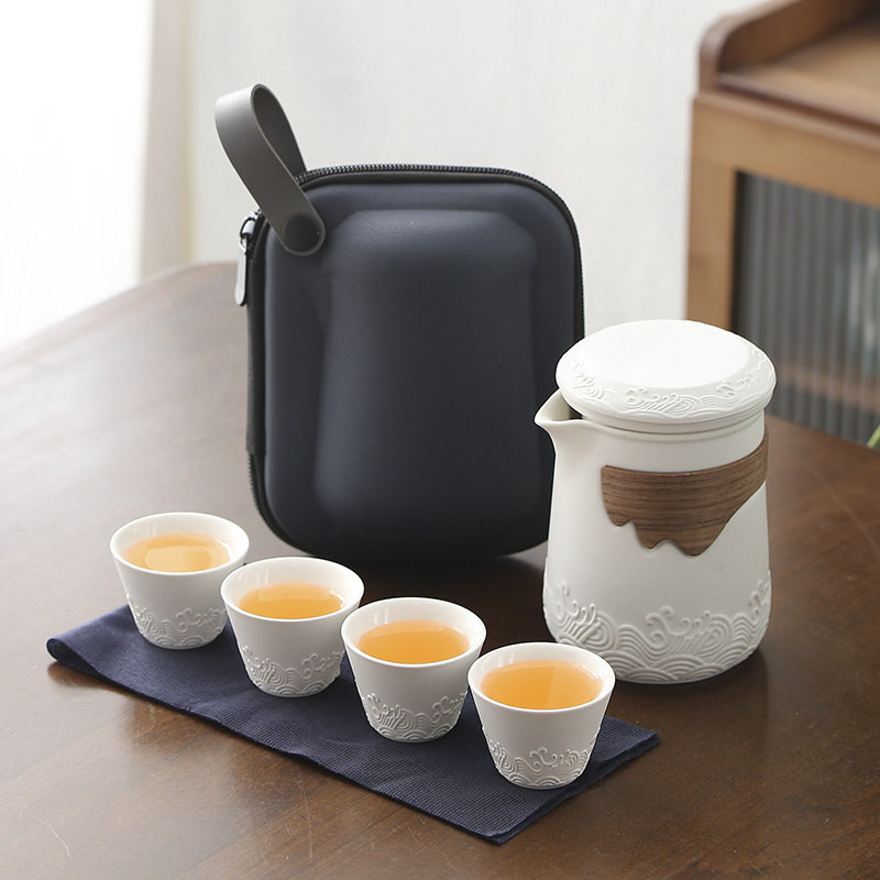 内白瓷远山黑绿户外旅行套装茶具外出露营泡茶器一壶四杯手提礼包