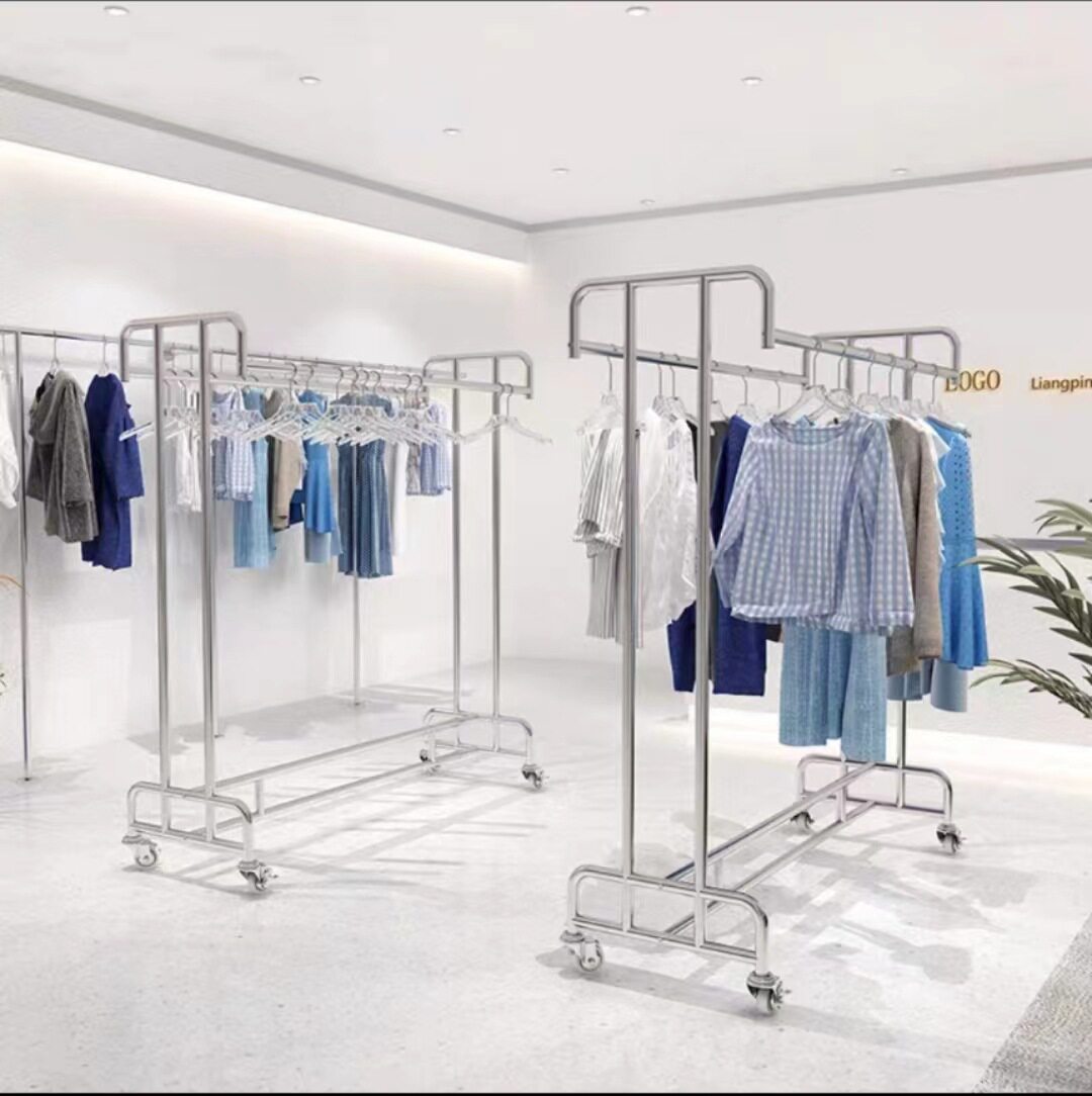 不锈钢落地展示架双杆挂衣架晾衣架双杠中岛架陈列架牛头型服装架