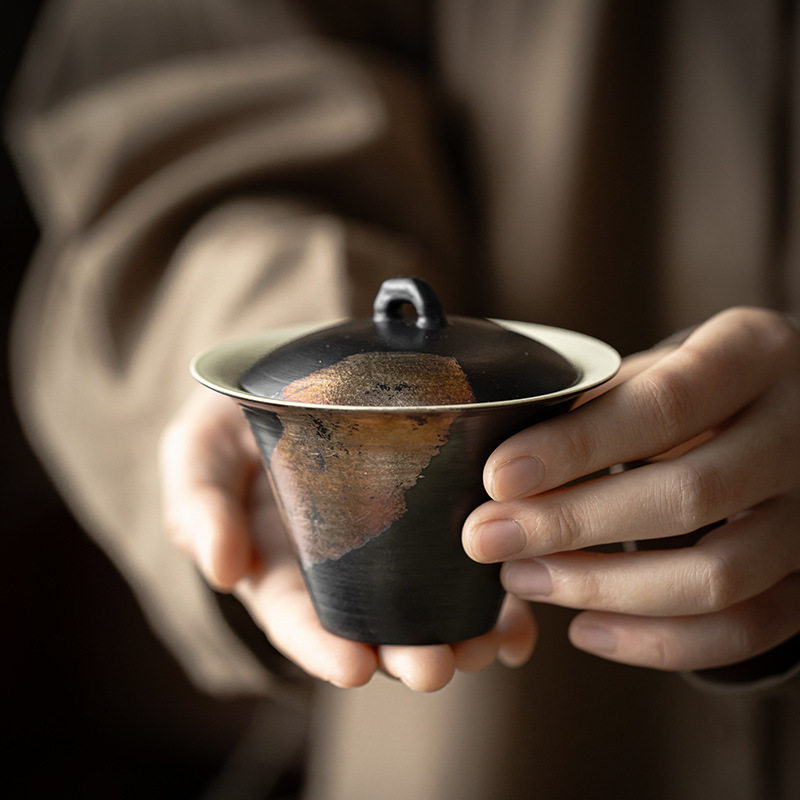 烧银箔禅风黑鎏银马蹄二才盖碗单个陶瓷复古单个泡茶茶碗粗陶茶具