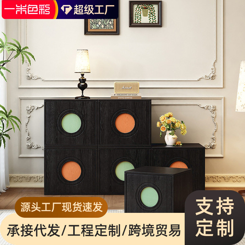 实木复古斗柜客厅餐边柜多功能电视柜卧室床头柜中古风黑色玄关柜