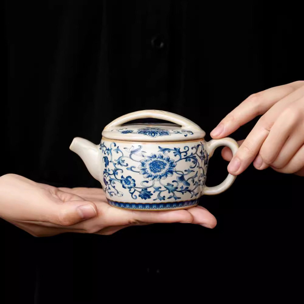 汝窑青花缠枝莲汉瓦陶瓷茶壶泡茶家用冰裂开片汝瓷功夫一人用单壶