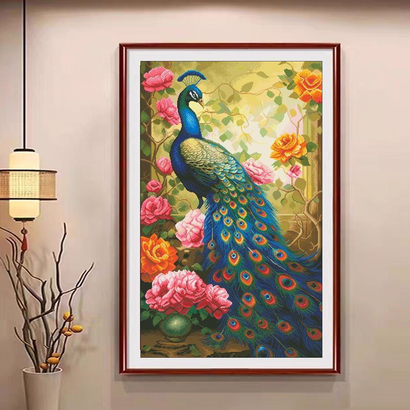 油画风十字绣2025新款线绣客厅玄关竖版流水生财孔雀现代中式满绣
