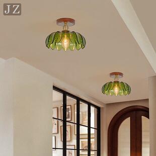 复古绿色吸顶灯中古风实木餐厅灯具玄关阳台吧台过道衣帽间玻璃灯