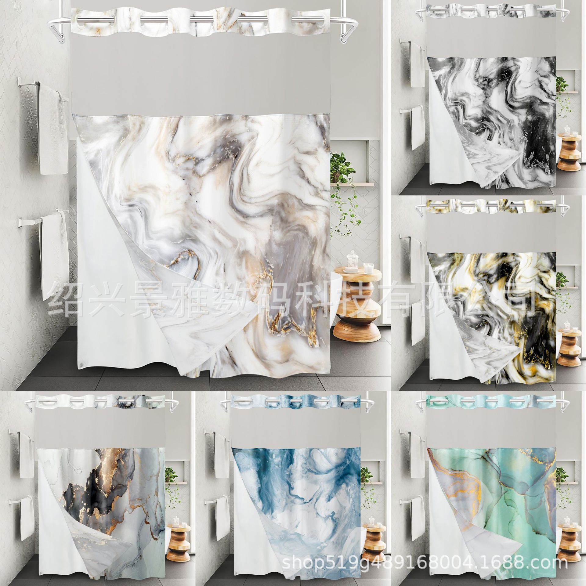 跨境货源 数码印花双层大环涤纶浴帘 大理石花纹浴室帘子防水布浴