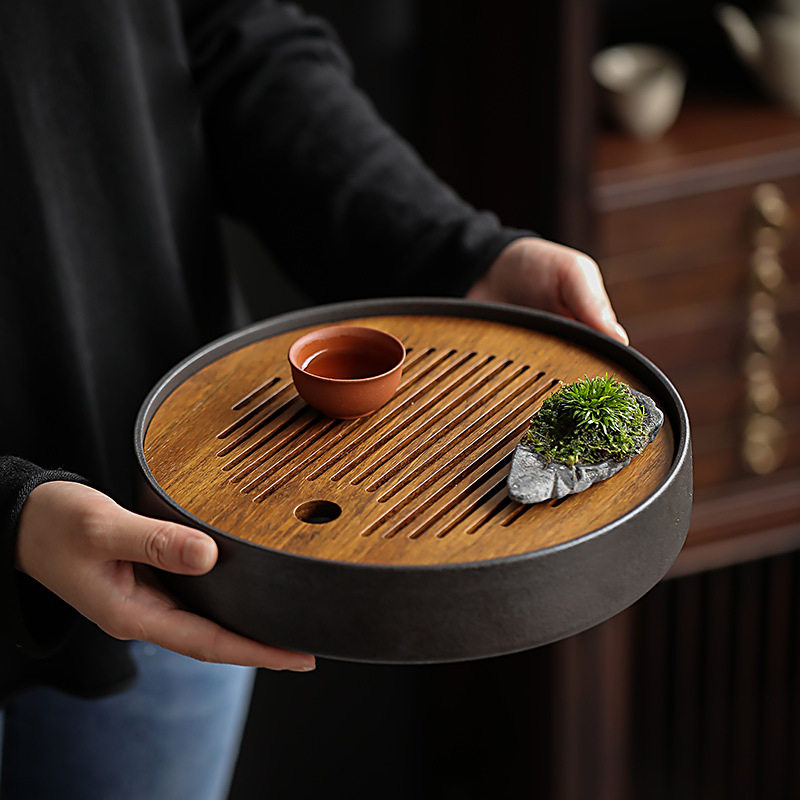 重竹干泡茶盘家用竹制小茶海陶瓷小型托盘简约干泡盘圆形储水茶台