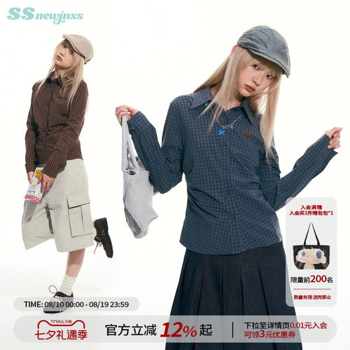 江南先生NewJNXS全棉透气复古格纹衬衫女简约收腰修身显瘦上衣秋