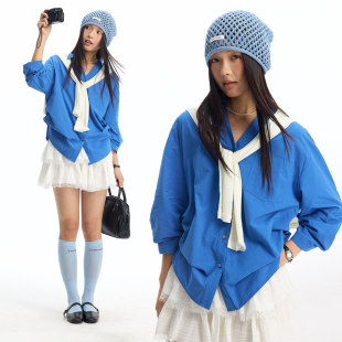 【鱼九九推荐】江南先生纯色打褶收腰V领半袖衬衫宽松薄款衬衣