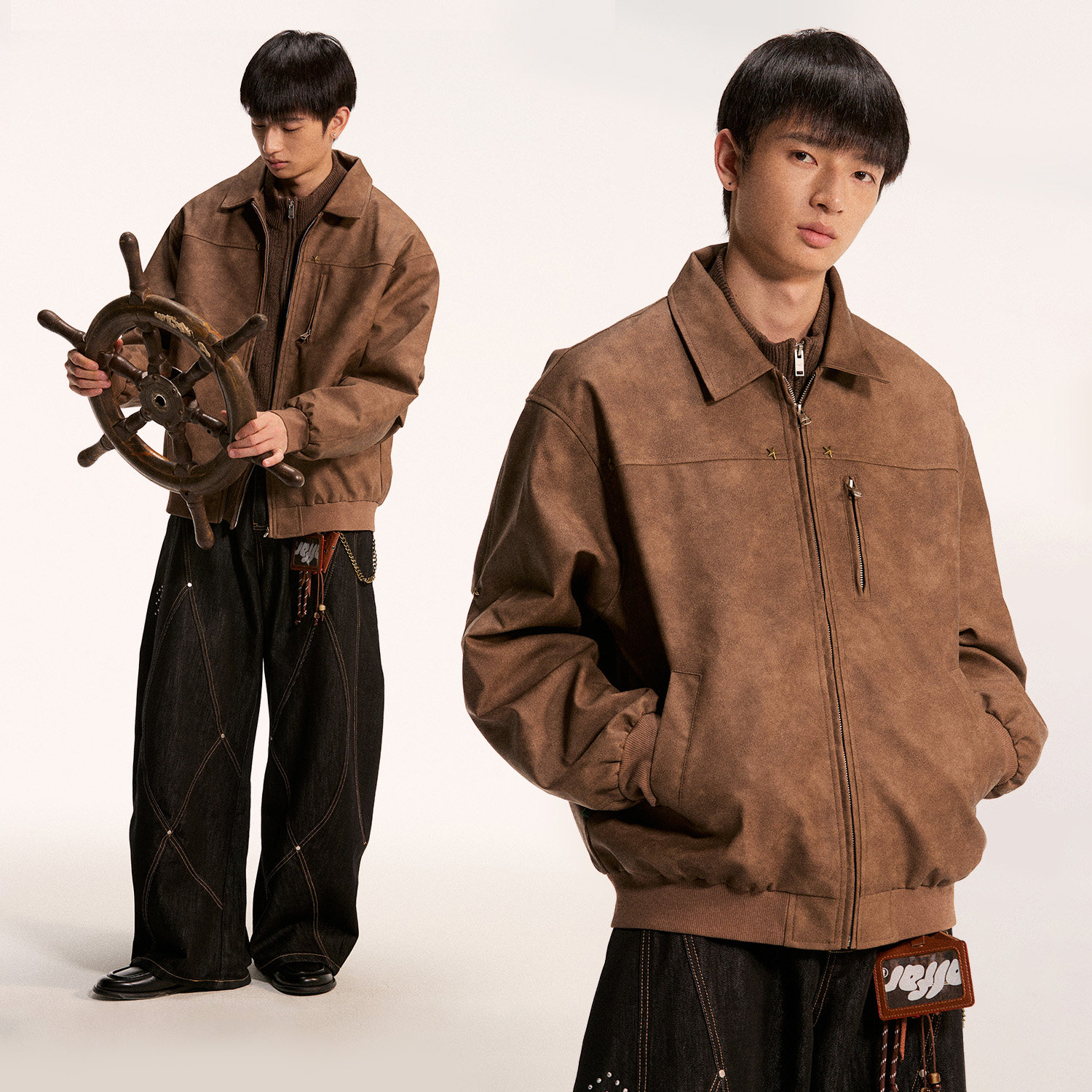 【chammy专属】江南先生耐磨五角星铆钉皮衣正肩分割夹克外套