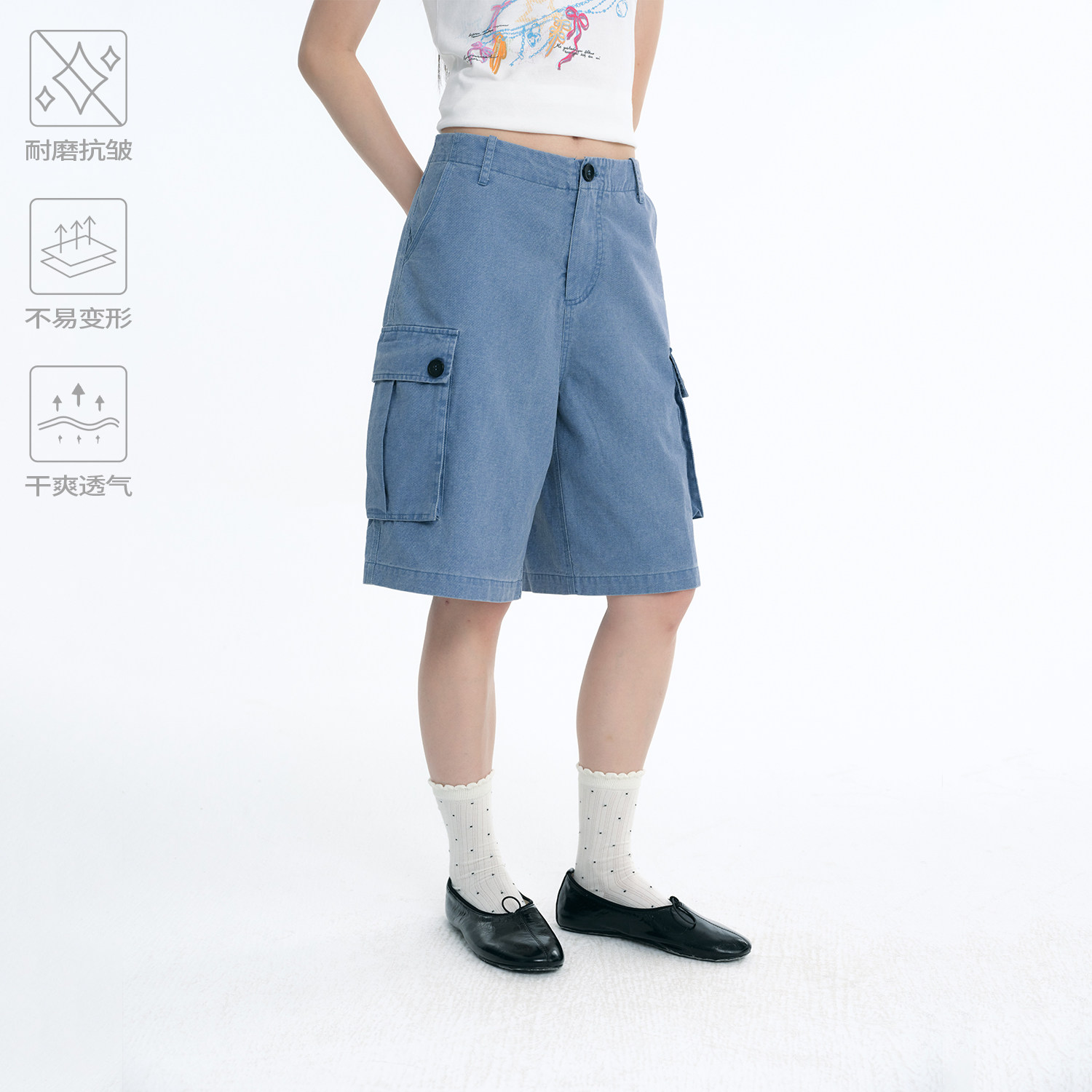 江南先生newjnxs精梳全棉法工蓝立体口袋工装裤夏直筒宽松五分裤