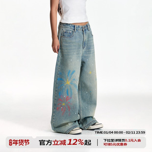 江南先生NewJNXS美式重磅斜纹印花烫钻宽松牛仔裤秋冬男女长裤子