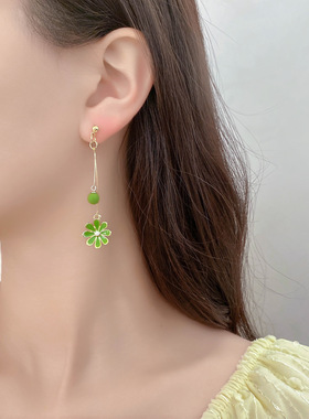 蚊香夹无耳洞耳夹牛油果绿色小清新耳坠花朵小雏菊夏季长款耳环