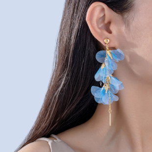 超仙藍(lán)色網(wǎng)紗流蘇花瓣耳環(huán)女夏夸張海邊度假風(fēng)耳飾耳夾耳墜