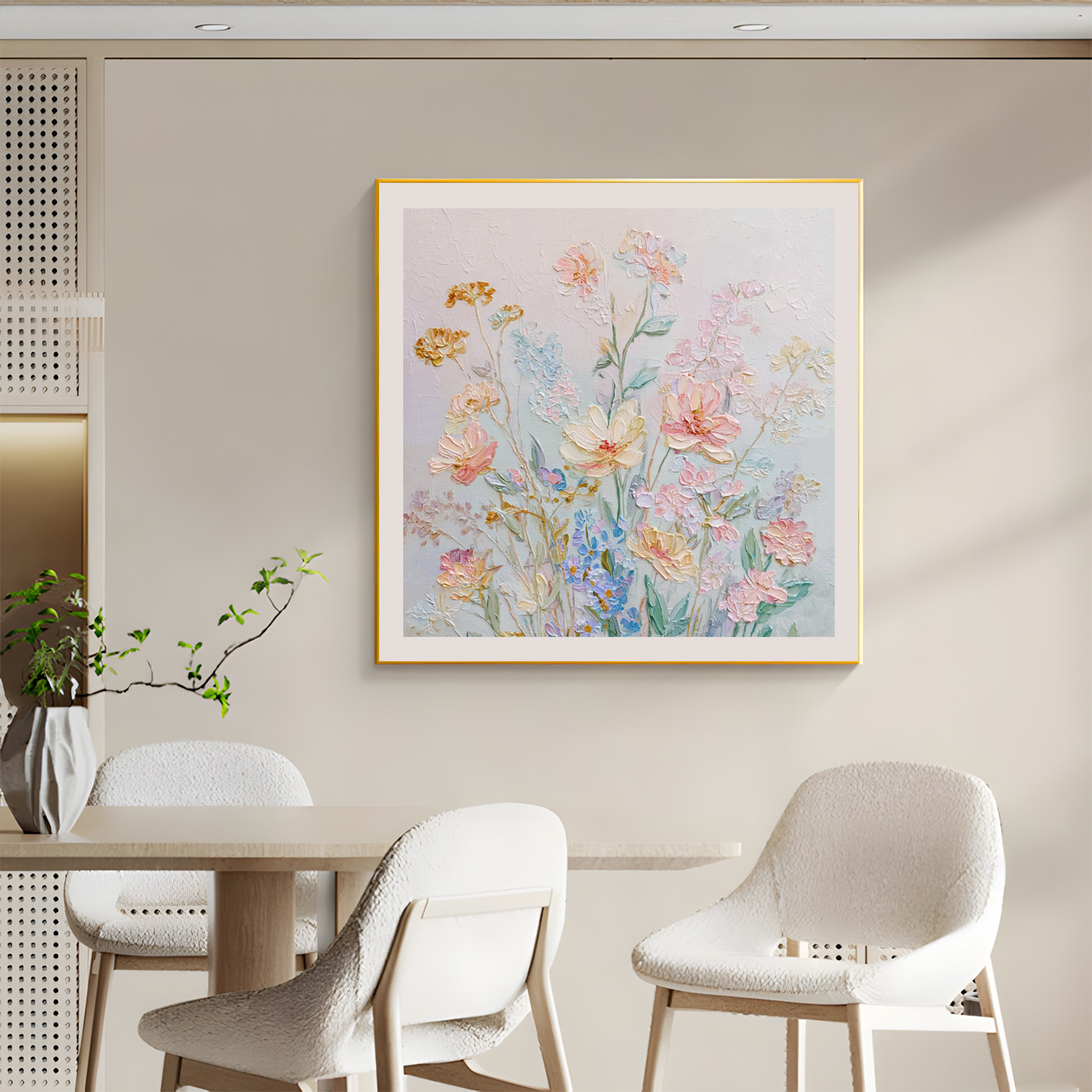 现代简约餐厅装饰画荷花抽象艺术肌理感挂画客厅高级感手绘油画