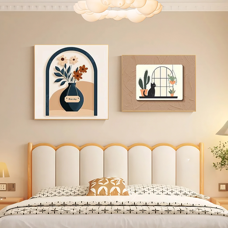 奶油原木风主卧室床头装饰画现代简约高级感沙发背景墙挂画餐厅画