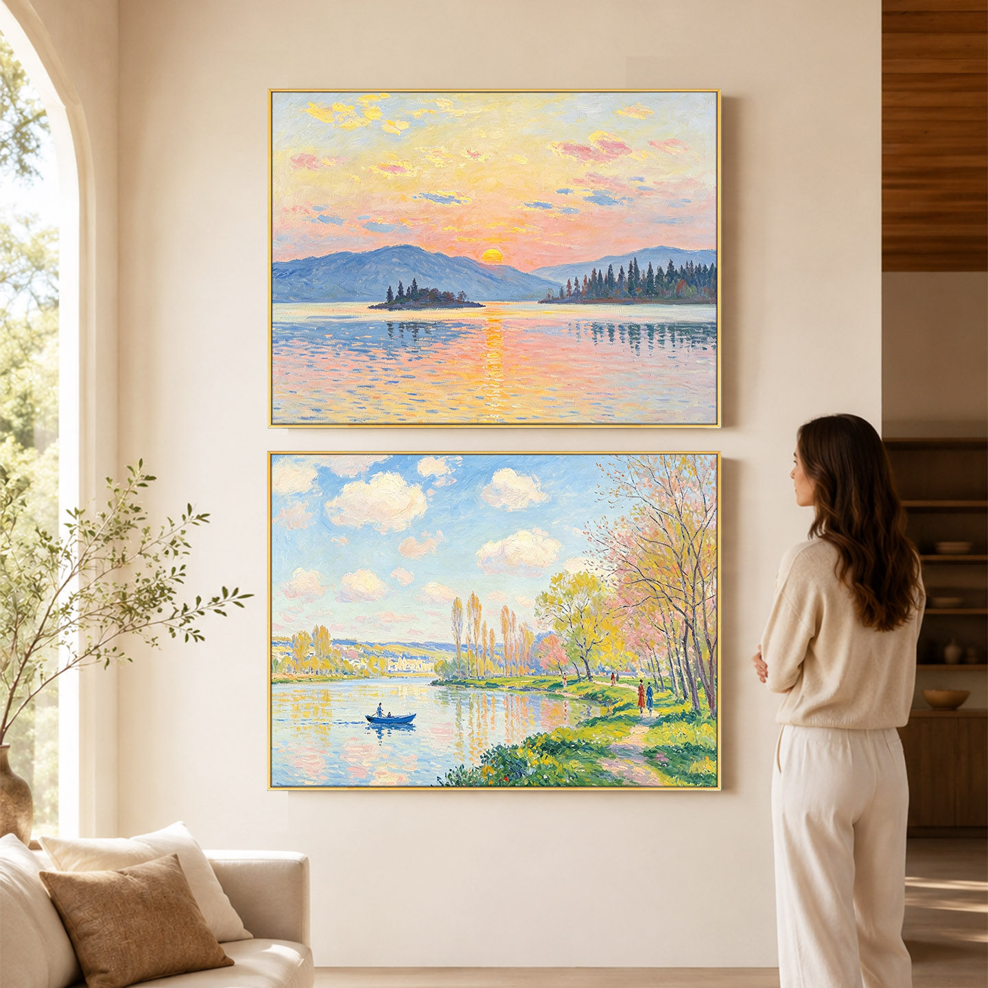 大芬村手绘奶油风双联油画