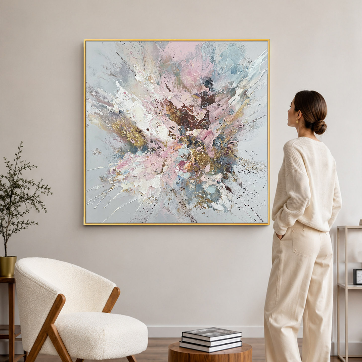 大芬村金粉花卉手绘抽象油画