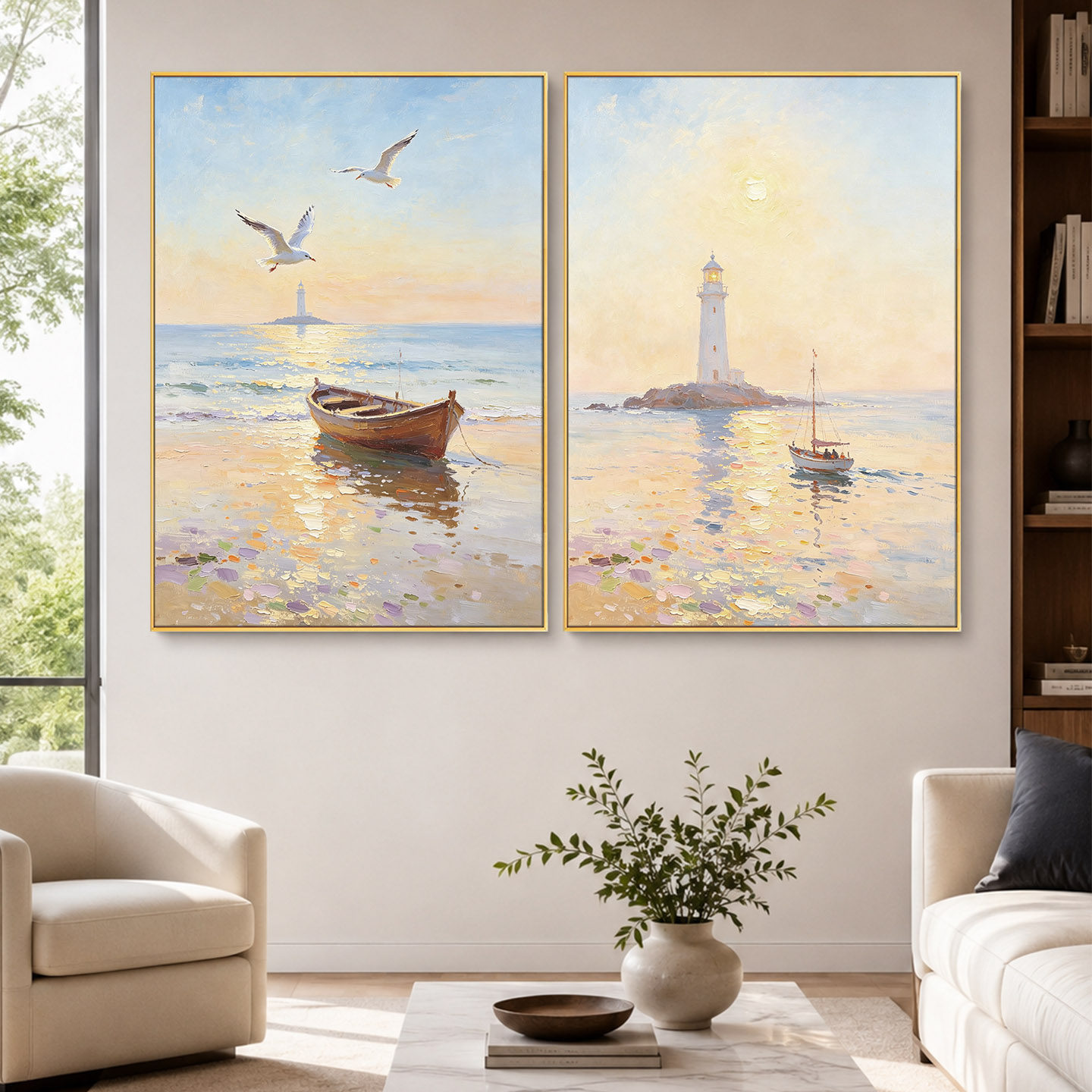 大芬村手绘莫奈风海岸双联油画