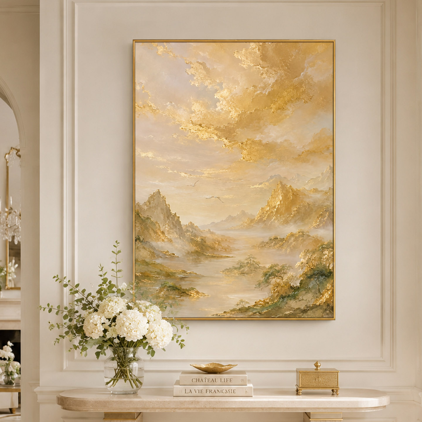 大芬村手绘金箔仙鹤山水装饰油画