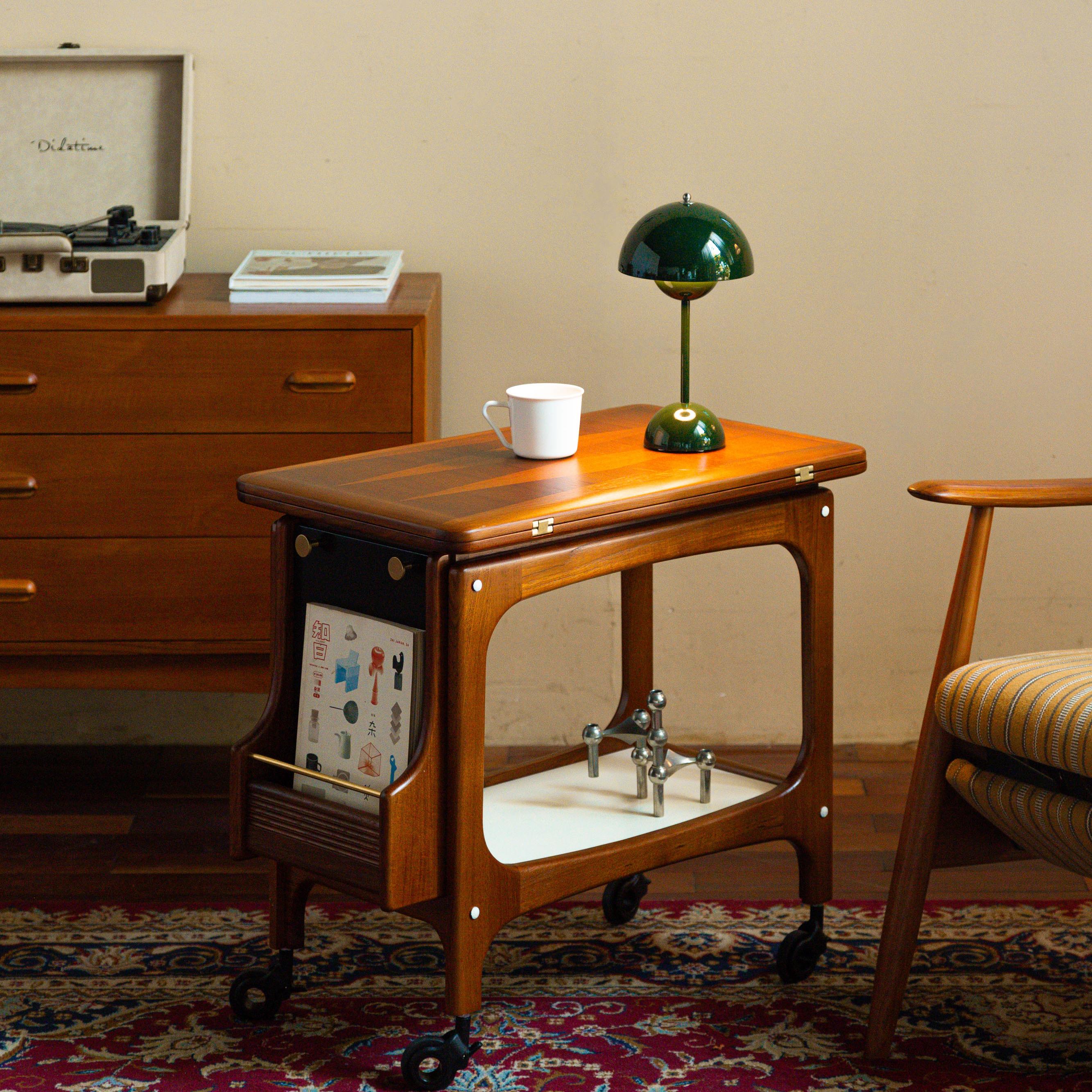 原版中古柚木复刻小推车沙发边几茶几可移动角几茶车