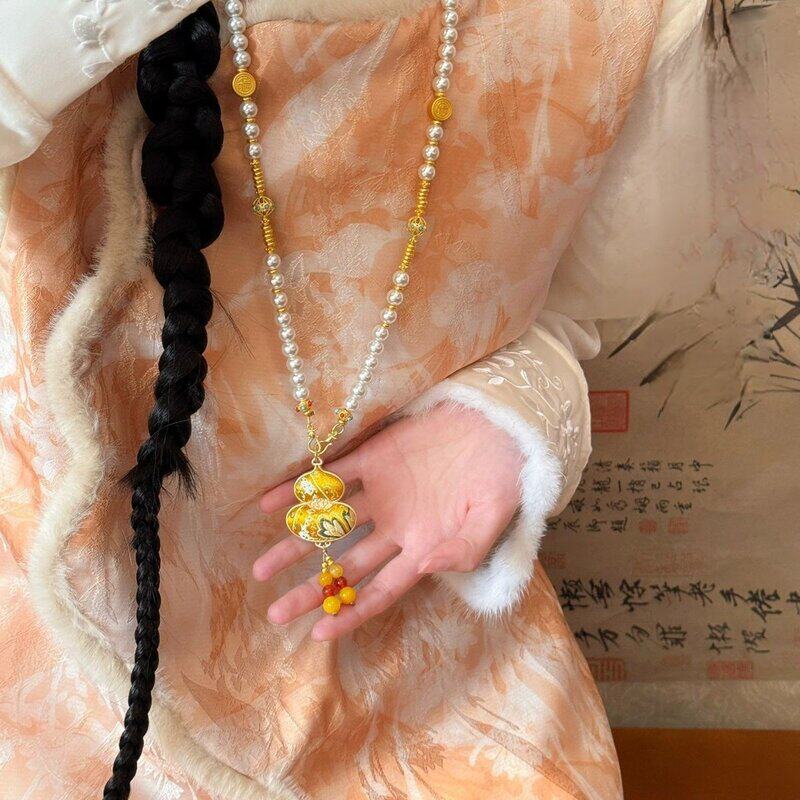 新中式国风长款旗袍毛衣链宋锦双面葫芦仿珍珠女士民族风配饰项链