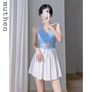 高级感泡温泉挂脖泳装 爆款 遮肚显瘦2025新款 连体泳衣女士保守裙式