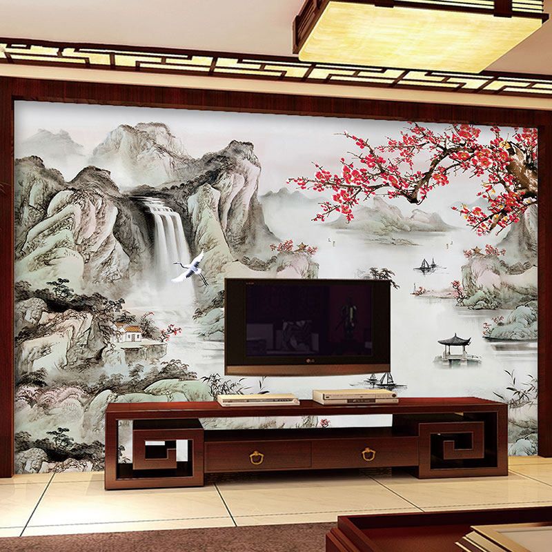 热销山水画自粘墙贴风景画中式水墨墙画客厅电视背景墙纸贴画装饰