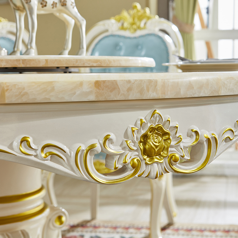 热销欧式圆桌 美式实木雕花大理石餐桌椅家用酒店会所带转盘电动