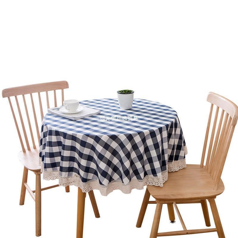 圆桌布圆形格子餐桌布小方格蕾丝花边H棉麻布艺北欧简约现代方桌