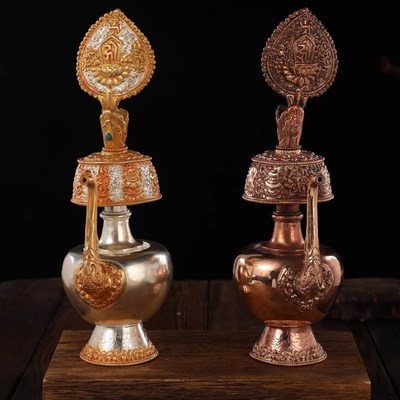 新款尼泊尔文巴壶红铜鎏金鎏银八吉祥图案贲巴壶醍醐灌Z顶法器摆