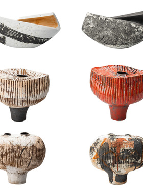 复古新中式侘寂风异m形陶瓷插花器手绘花瓶摆件样板间客厅玄关装