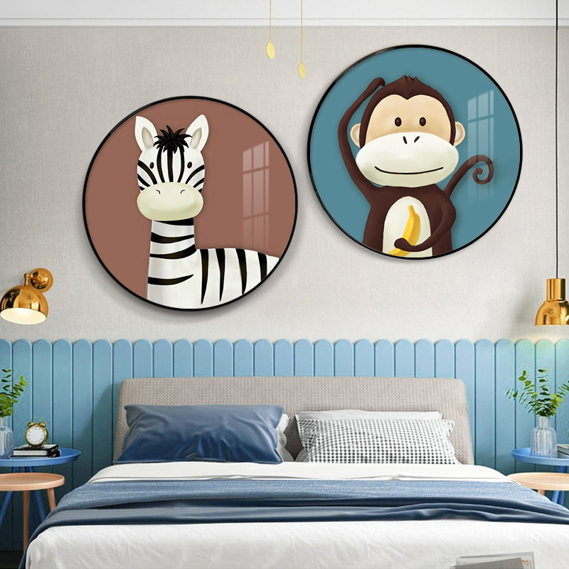 北欧动物卡通装饰画幼儿t园圆形卧室床头挂画童趣可爱儿童房壁画图片