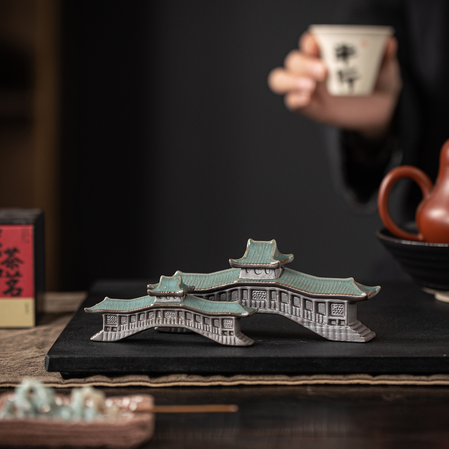 中式创意陶瓷古建筑廊桥鱼缸微景观假山花盆园艺沙盘造景设计装饰