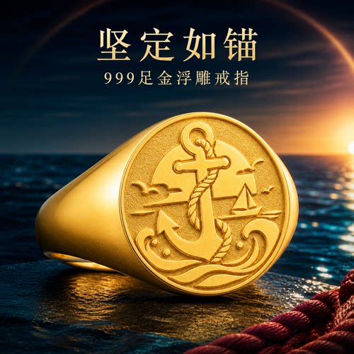 平安靠岸船锚航海徽章足金戒指