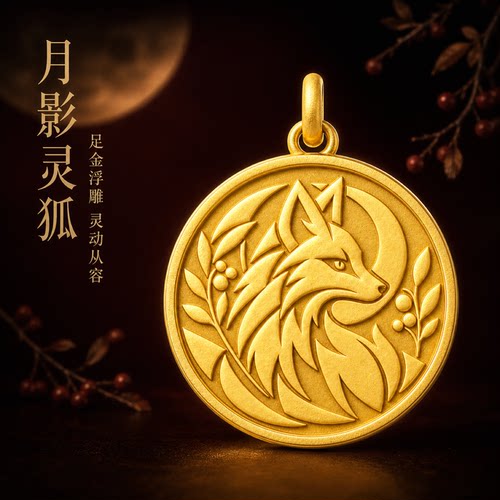 灵动赤狐24K黄金圆牌吊坠男女款