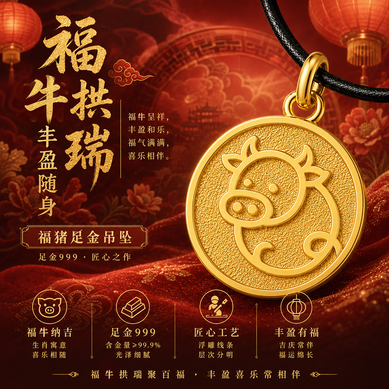 思达意999足金生肖牛吊坠可爱圆牌男女宝宝 本命年黄金项链护身符