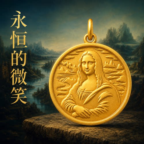 达芬奇蒙娜丽莎999足金圆牌吊坠