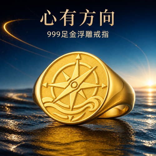 心有方向罗盘航海徽章足金戒指