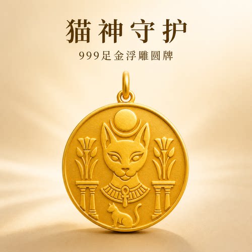温暖巴斯特猫足金圆牌吊坠女款