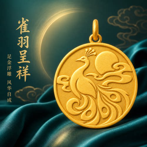 吉祥孔雀999足金浮雕圆牌吊坠