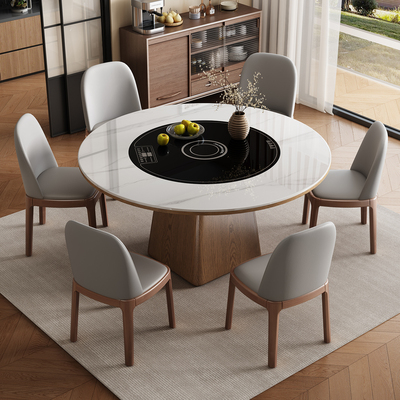 岩板餐桌椅家用中古风小户型圆桌带电磁炉暖菜一体旋转吃饭圆桌子