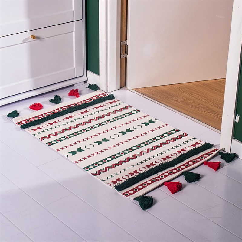 MILAN圣e诞印花棉线编织工艺床边脚垫双色北欧风流苏地垫入户门垫