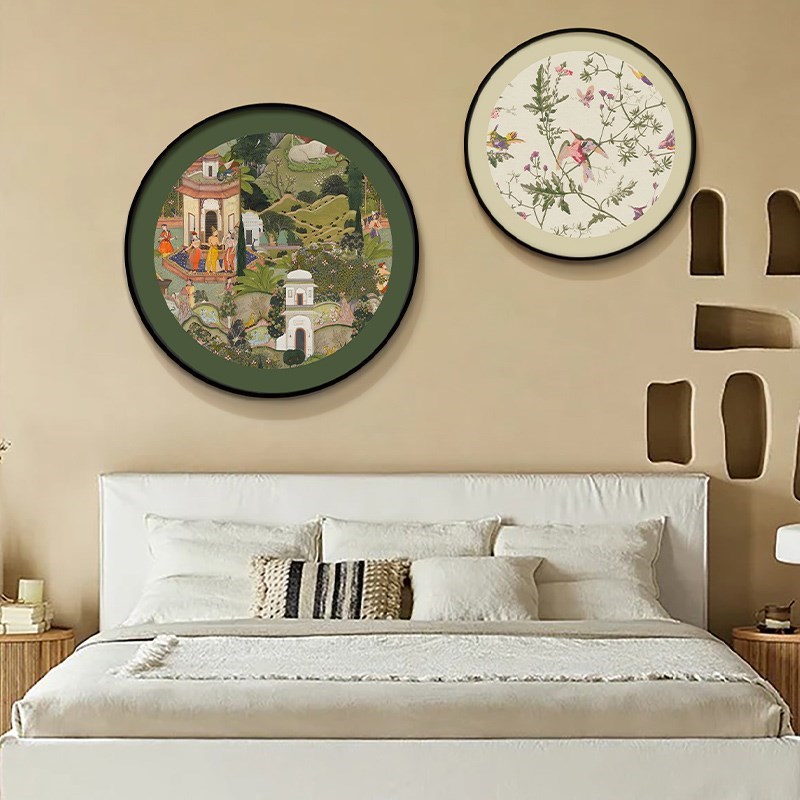 金钱豹法式中古风挂画主卧室床头背景墙装饰画Q高级感圆形侘寂壁