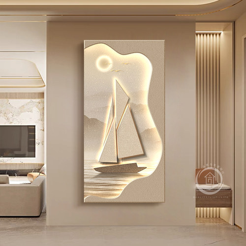 现代简约玄关装饰画一帆风顺w走廊过道抽象挂画砂岩肌理感发光壁