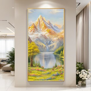 日照金山玄关装 饰画入户s正对门客厅走廊过道挂画手绘油画山水壁